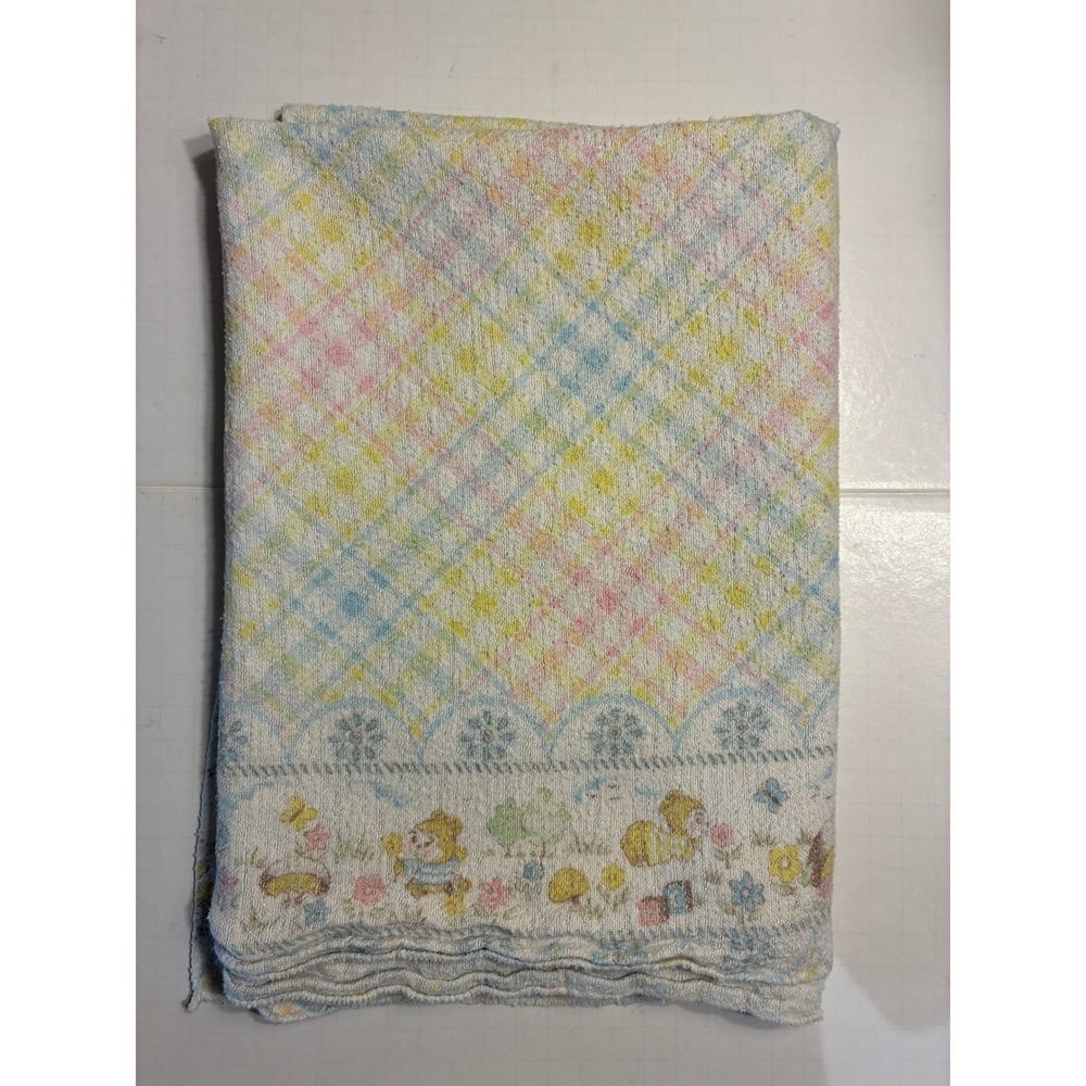 Vintage Pastel Plaid Terry Cloth Baby Blanket Animal Border Bunny Bear Pink Blue